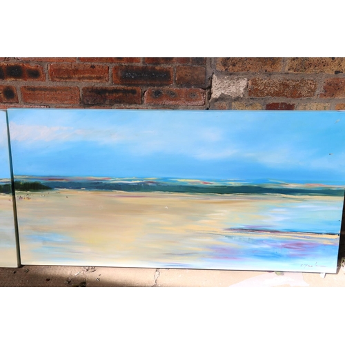 418 - LYN ? two beach scenes, oil on canvas, one signed lower right, 60cm x 121cm. (2)