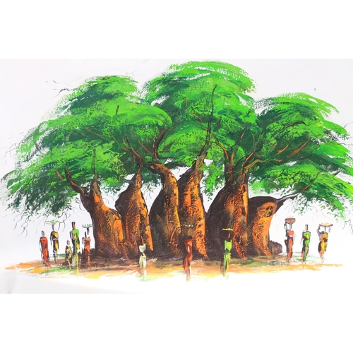 419 - EASTERN SCHOOL, Baobab tree and figures bearing fruits, oil on canvas, 84cm x 120cm, and another. (2... 