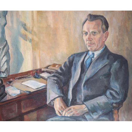 421 - E VARDUND, portrait of a gentleman seated at desk, oil painting on canvas, signed and dated 1938 low... 