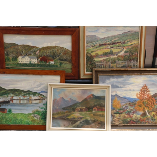 434 - Five Norwegian School oil paintings, the largest frame 61cm x 72cm. (5)