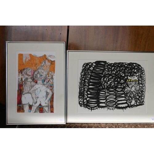 435 - 20TH CENTURY SCHOOL, pencil signed print of a cat, 45cm x 60cm, frame 62cm x 79cm and another. (2)