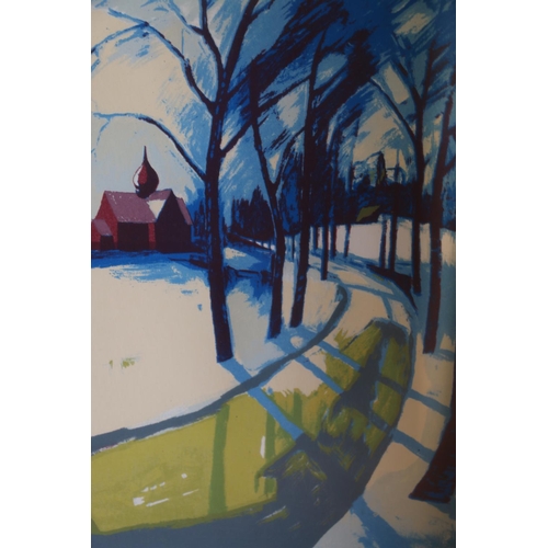 438 - MAGNE SANDOY (Norwegian 1935-2012), church through trees, lithograph, limited edition 91/250, signed... 