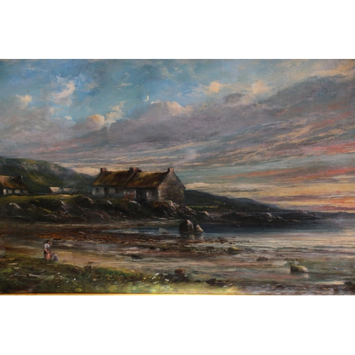 448 - SCOTTISH SCHOOL, Hebridean style coastal landscape with thatched white houses, oil painting on canva... 