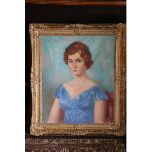 458 - RUTH MOORWOOD, bust length portrait of a seated lady, oil painting on canvas, signed and dated 1960 ... 