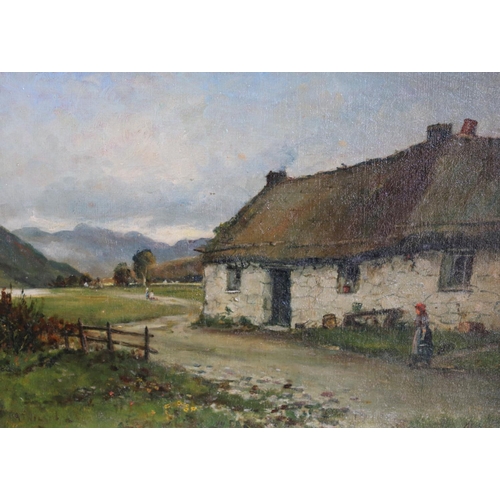 461 - SCOTTISH SCHOOL, figure by a thatched white house in a Highland landscape, oil on canvas, signed ind... 