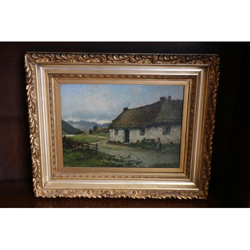 461 - SCOTTISH SCHOOL, figure by a thatched white house in a Highland landscape, oil on canvas, signed ind... 