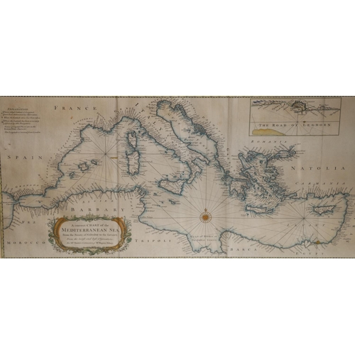 463 - After RICHARD WILLIAM SEALE, chart of the Mediterranean Sea map print, 35cm x 71cm, Hogarth style fr... 