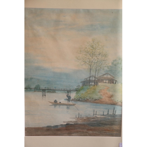 464 - INDONESIAN SCHOOL, man on punt before a wooden bridge, watercolour, indistinctly signed lower right,... 