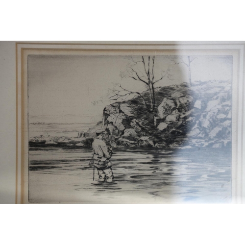 468 - ROBERT N SNODGRASS, Spring Trout Fishing, etching, pencil signed lower right, 15cm x 20cm, frame 37c... 