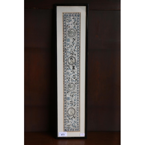 473 - Chinese embroidered needlework sleeve panel, frame size 62cm x 15cm.