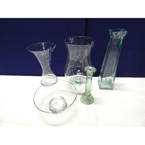 110 - Three large modern glass vases, bowl and a candle stick.