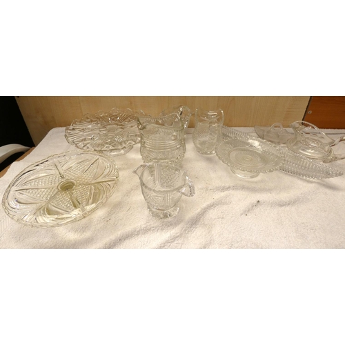 70 - Large box of vintage pressed and cut glass including jugs, pots, tazza etc