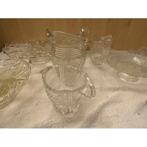 70 - Large box of vintage pressed and cut glass including jugs, pots, tazza etc