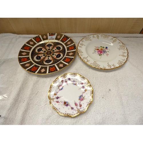 77 - Three Royal Crown Derby plates including Imari pattern.