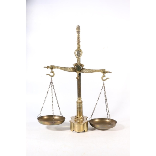 1 - Brass scales with inset weights, 59cm high.