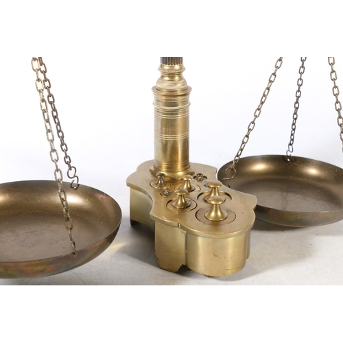 1 - Brass scales with inset weights, 59cm high.