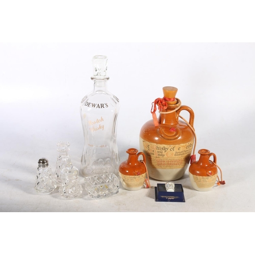 100 - Dewars Scotch Whisky glass decanter, pottery whisky decanters, glassware, etc.