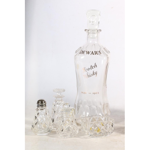 100 - Dewars Scotch Whisky glass decanter, pottery whisky decanters, glassware, etc.