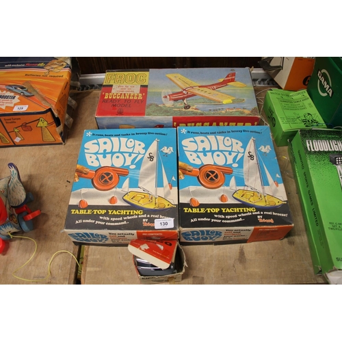 130 - Vintage model toys to include an FROC Buccaneer ready to fly aeroplane, two Sailor Boy tabletop yach... 