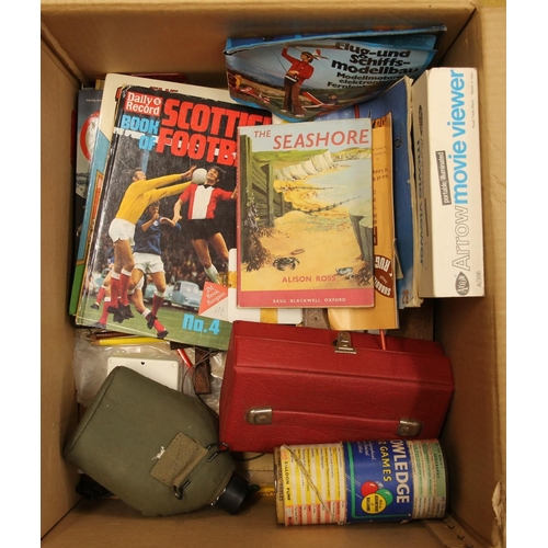 143 - Vintage books and accessories to include a narrow movie viewer, and a vintage military water bottle,... 