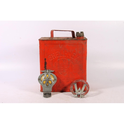 191 - Vintage BP Shell-Mex oil can, an AA badge and a Swedish Automobile Association badge.