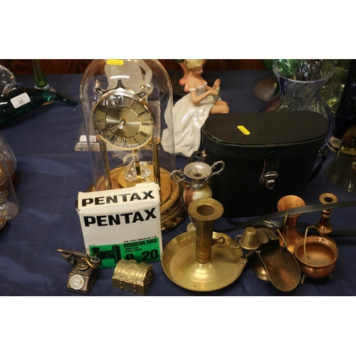 25 - German Quartz mantel clock with swan suspension, Pentax binoculars, brassware, etc.