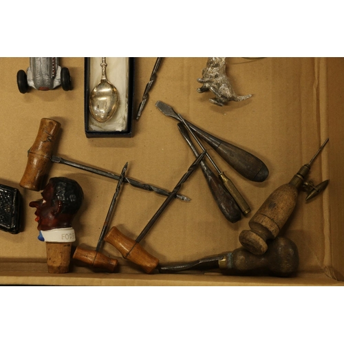 37 - Vintage curios to include a potato gun, bottle stoppers, a fishing reel, etc.