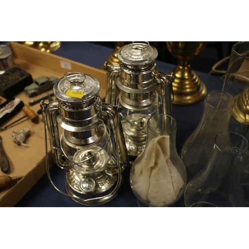 38 - Pair of miner's lamps and chimney funnels for oil lamps.