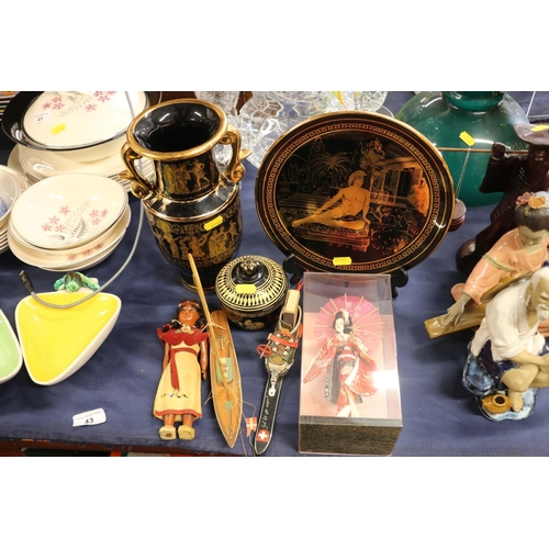 43 - Greek style pottery, dolls and other curios.