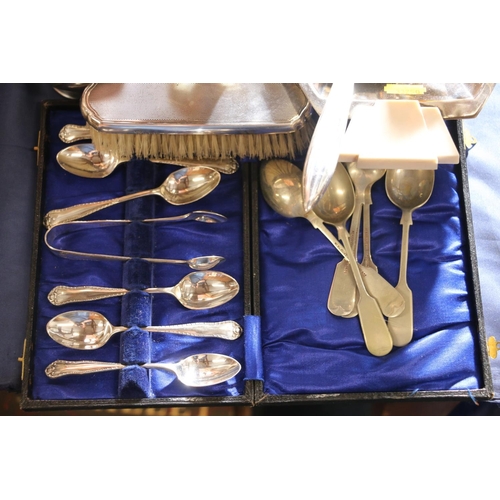 56 - Silver-plate to include teapots, coffee pots, etc. and a hallmarked silver part dressing table set.