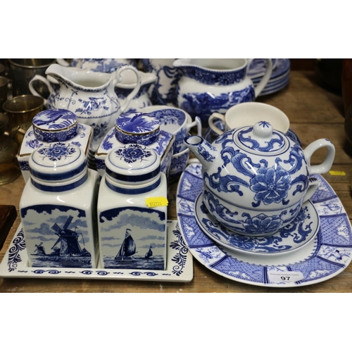 97 - Blue and white pottery to include jugs, plates, etc.