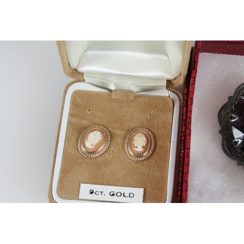 510 - Pair of cameo earrings on 9ct gold backs, Scottish silver brooch, silver thimble in original box and... 