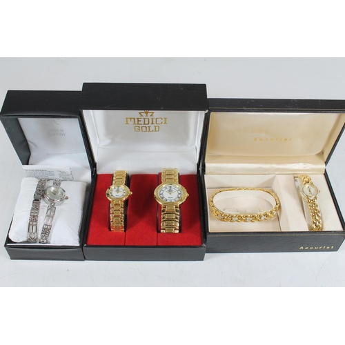 519 - Medici his and hers quartz wristwatch pair, an Accurist ladies 'Pearl' wristwatch and matching brace... 