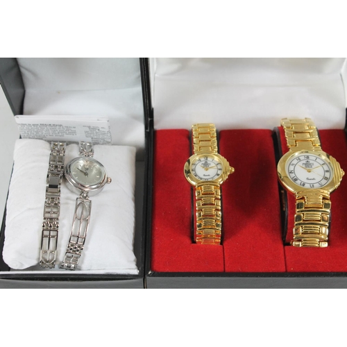 519 - Medici his and hers quartz wristwatch pair, an Accurist ladies 'Pearl' wristwatch and matching brace... 