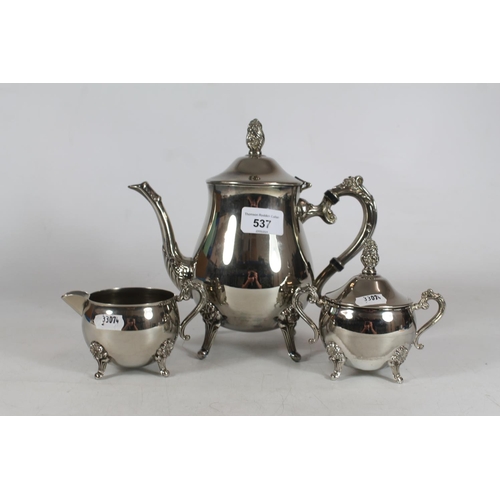 537 - Three piece silver plated tea set