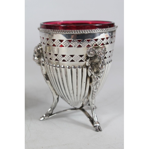 538 - Victorian silver plated sugar vase on tripod hoof footed support with amethyst glass liner, together... 