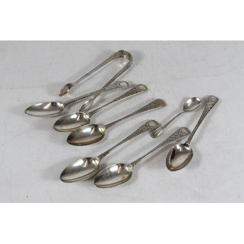 544 - Set of six Victorian bright cut engraved silver teaspoons with matching sugar tongs, Glasgow 1878, t... 