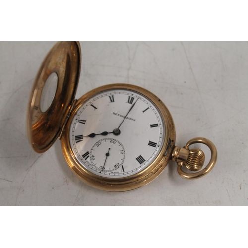 530 - c1930s half hunter pocket watch, the dial with subsiduary seconds marked Hendersons in a gold plated... 