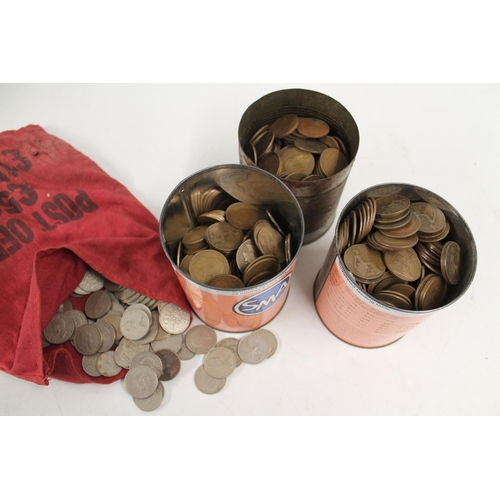 534 - Three tins of GB pre-decimal copper coinage and a bag of GB cupro nickel, gross 1.14kg.