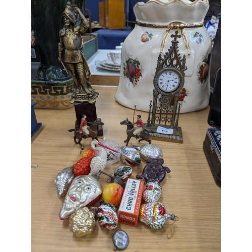 192 - Late Victorian Gothic brass pocket watch holder with a pocket watch, a figure of a knight, die-cast ... 