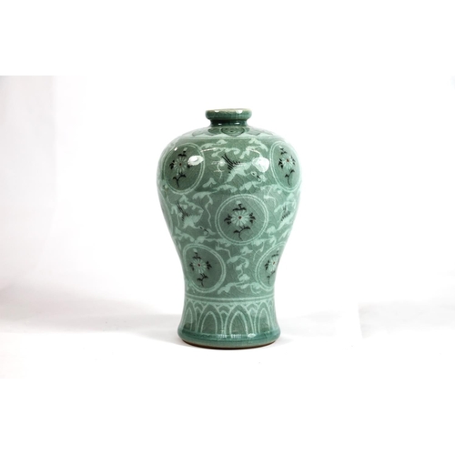 232 - Oriental/Korean baluster vase with floral and crane decoration, 15cm high.