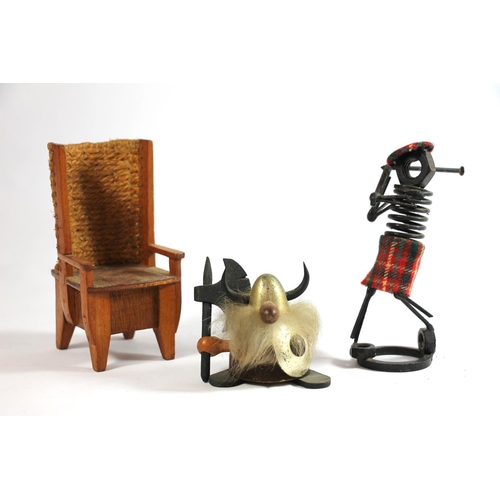 241 - Dolls house furniture model of an Orkney chair, a nuts and bolts Scottish golfer and a vintage figur... 