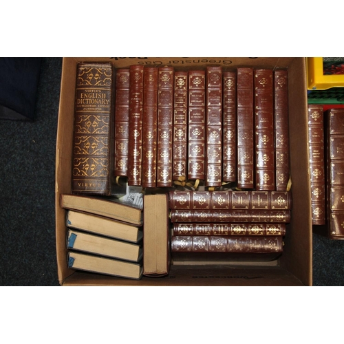 264 - Three boxes of books to include leather bindings.