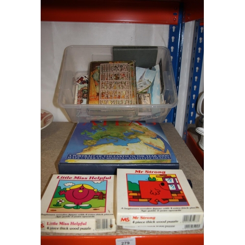 279 - Childrens four piece puzzle blocks, postcards, cigarette cards, etc.