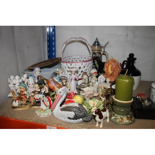 281 - Ceramic figures to include Beswick dog, Goebel style figures, lattice ceramic basket, etc.