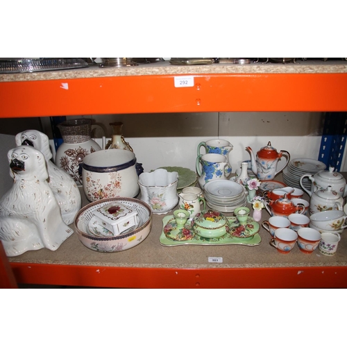 301 - Decorative ceramics to include wally dogs, Maling candleholders, oriental part teasets, etc.