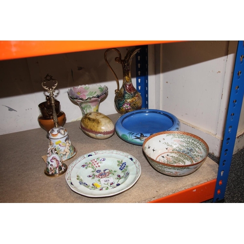 303 - Hand painted plate, oriental bowl, ceramic decorated with cherubs bell, etc.