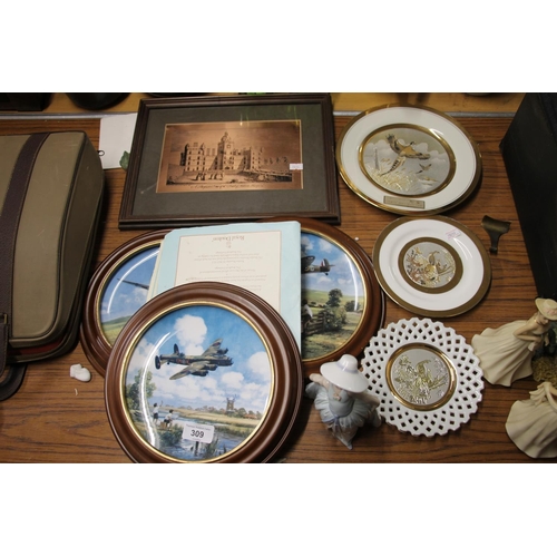 309 - Three fighter plane collectors plates, Lladro figure etc.