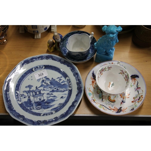 322 - Chinese export late Qing blue and white plate, English Imari cup and saucer and other ceramics.