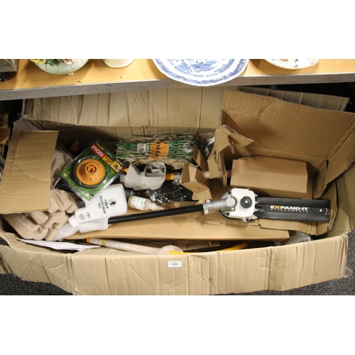 324 - Box containing gardening tools and accessories.